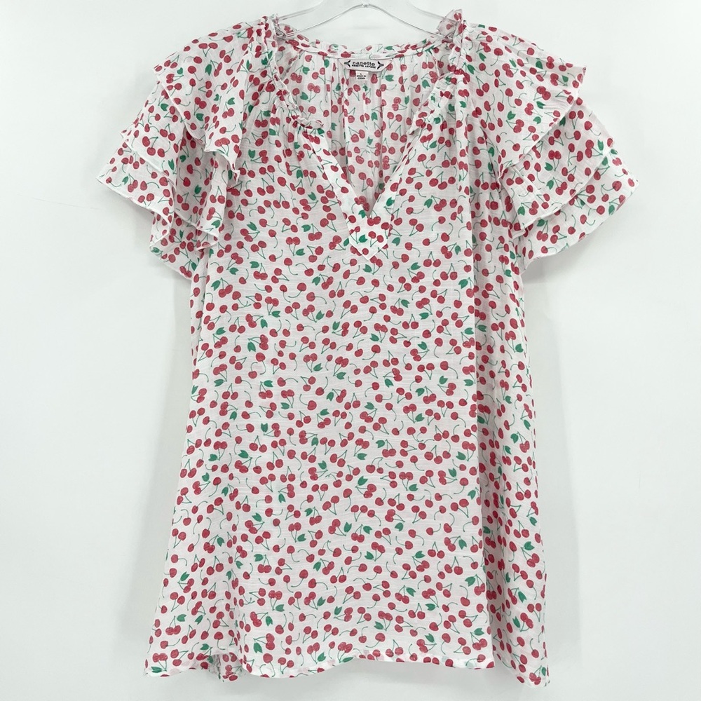 NWT Nanette Lepore Cherry Print Tiered Ruffle Sleeve Blouse Top Size Large